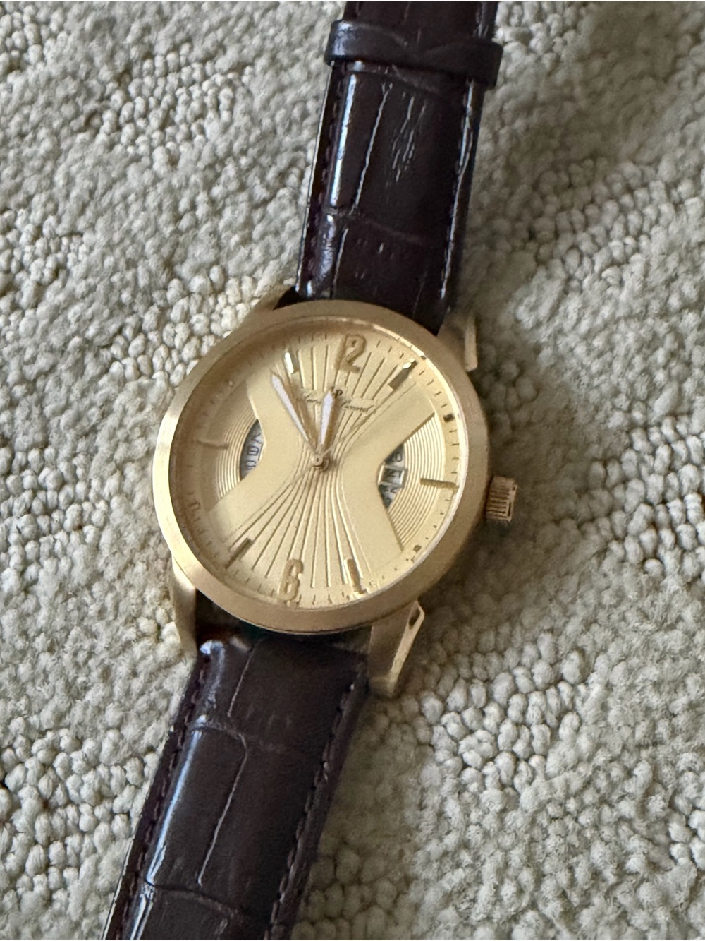 Lucien Piccard Gold-Tone Dial Dark Brown Leather Strap Watch